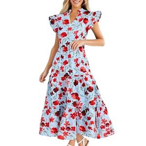 Floral Ruffle Sleeve Maxi Dress - Light Blue with Red Floral